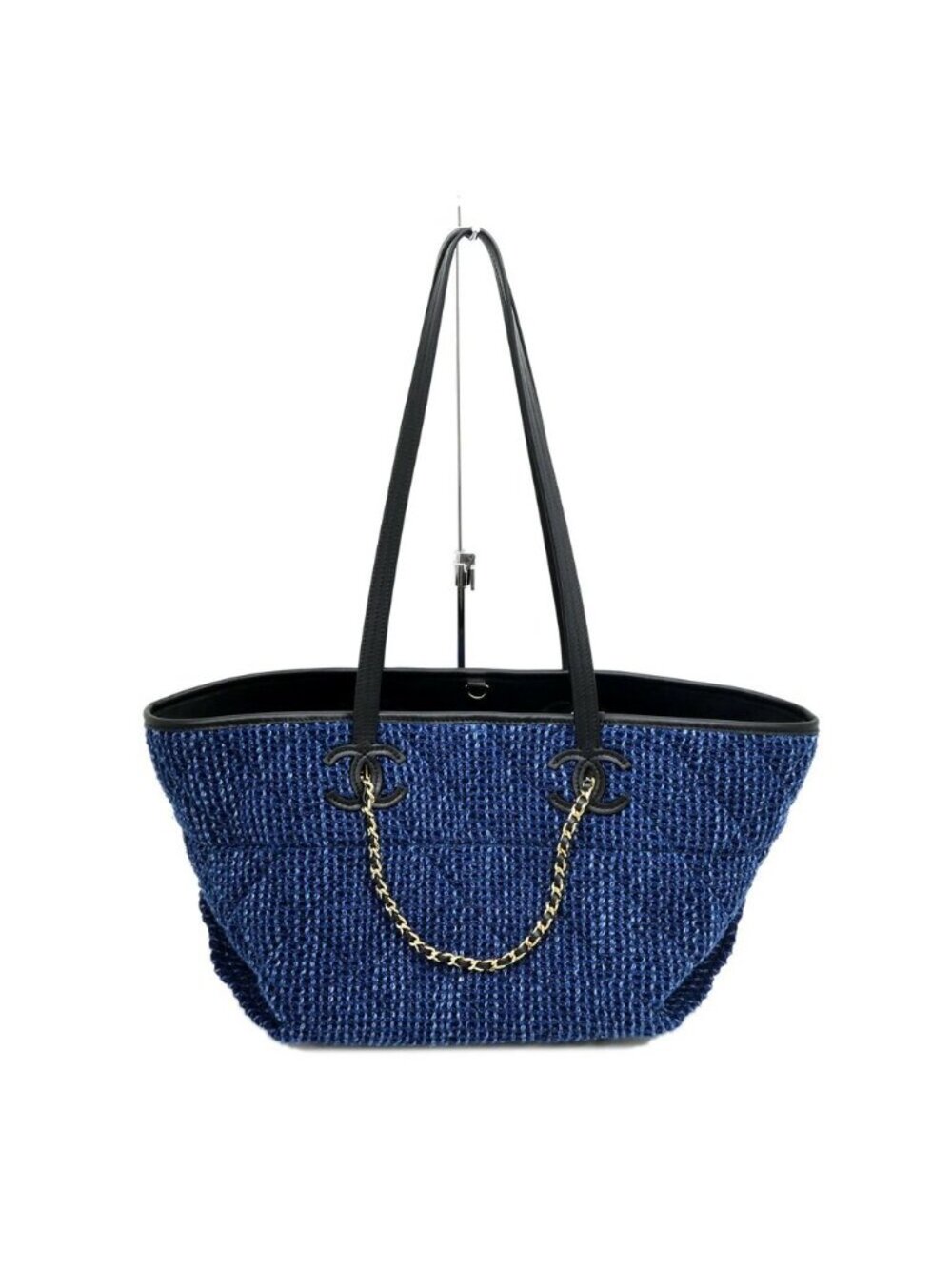 Chanel Small Shopping CC Tote Bag Tweed Blue Black Gold Leather